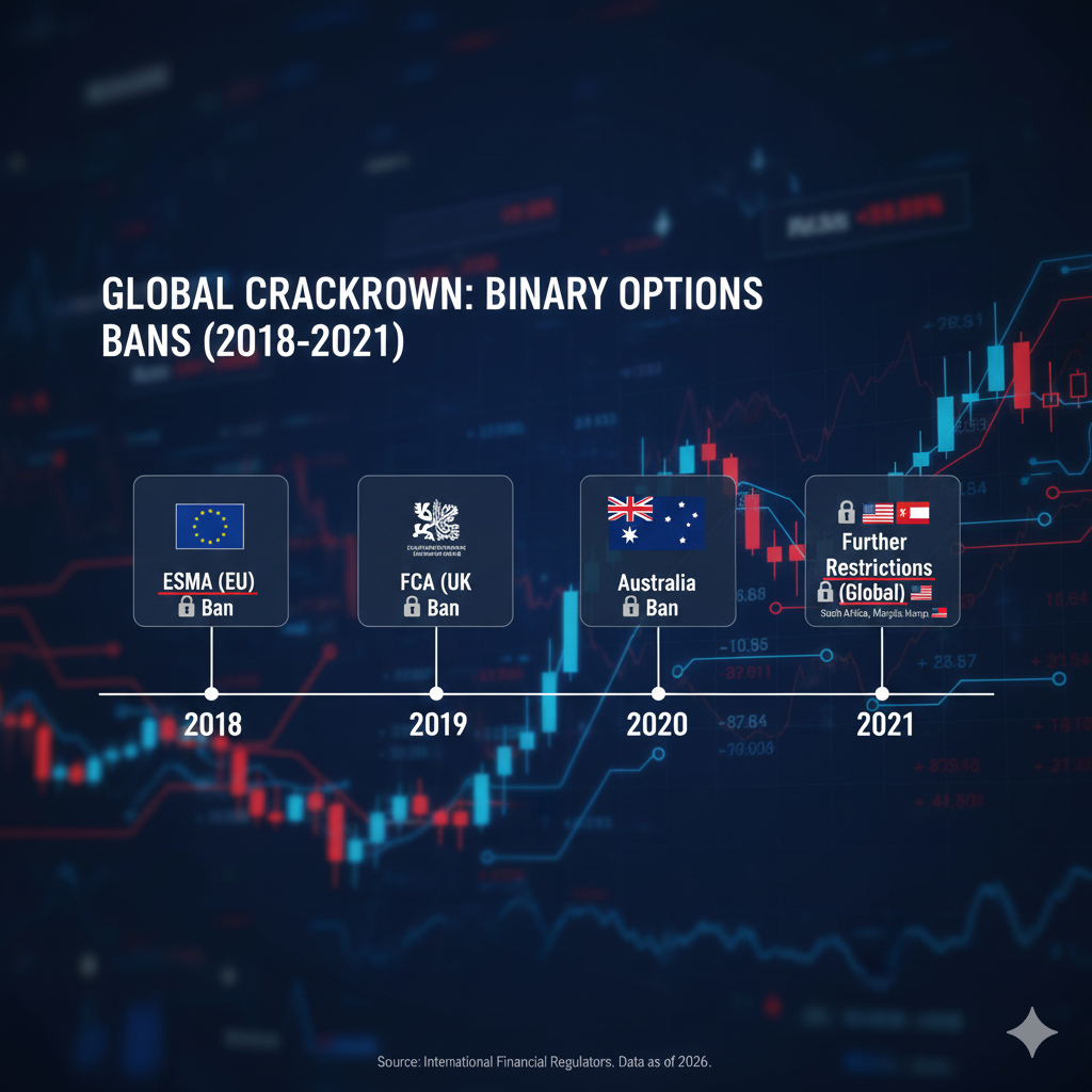 Binary options ban timeline showing ESMA, FCA, ASIC, and other regulatory actions from 2018-2021