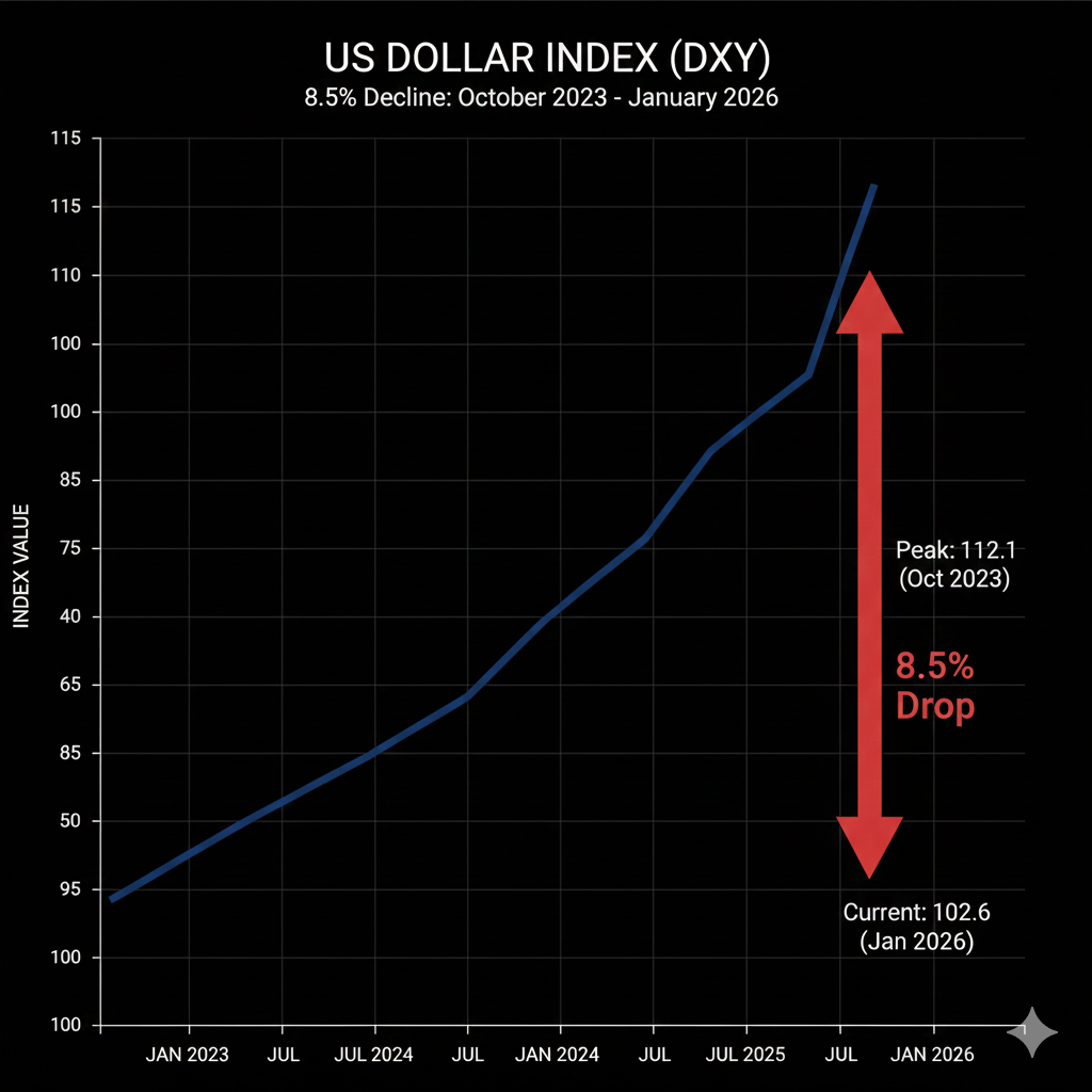 US Dollar Index DXY chart showing 8.5% decline from October 2023 to January 2026