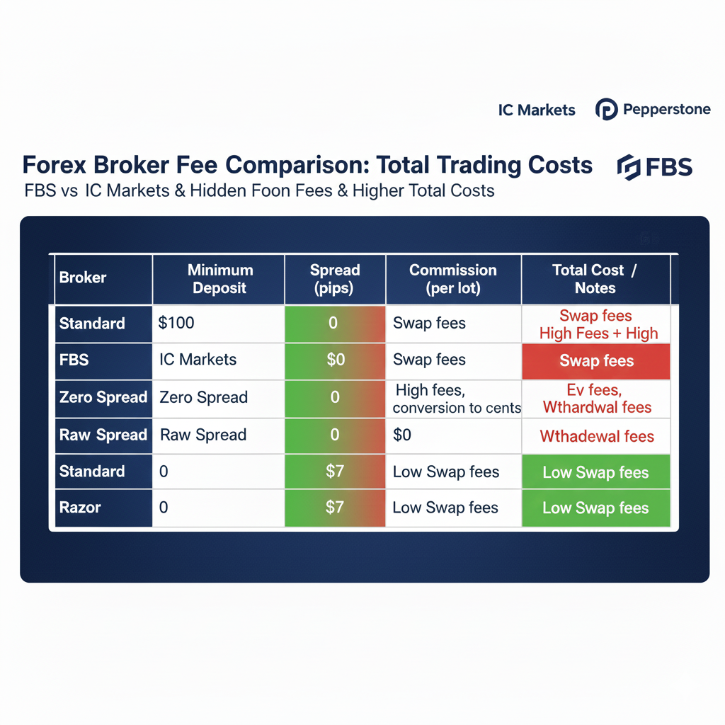FBS hidden fees compared to IC Markets and Pepperstone showing higher total costs
