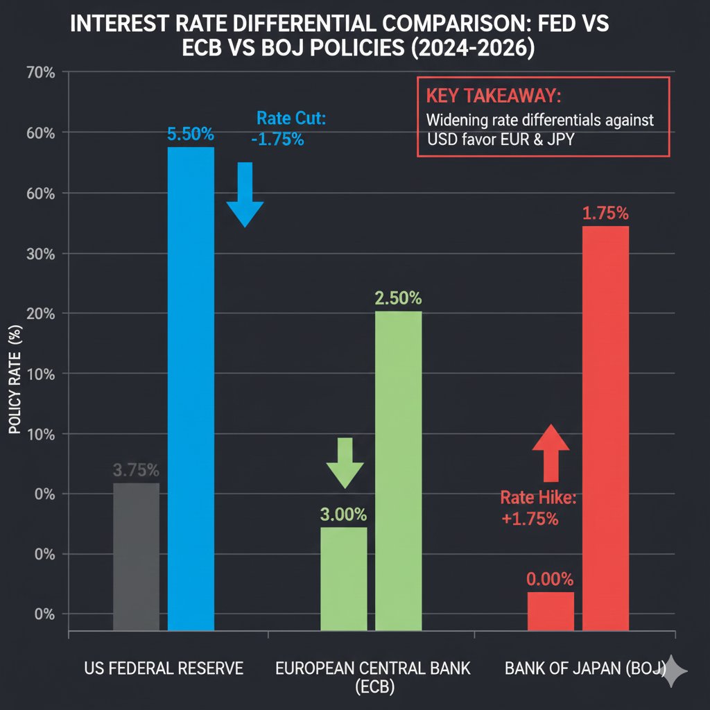  Interest rate differential comparison showing Fed rate cuts vs ECB and BOJ policies