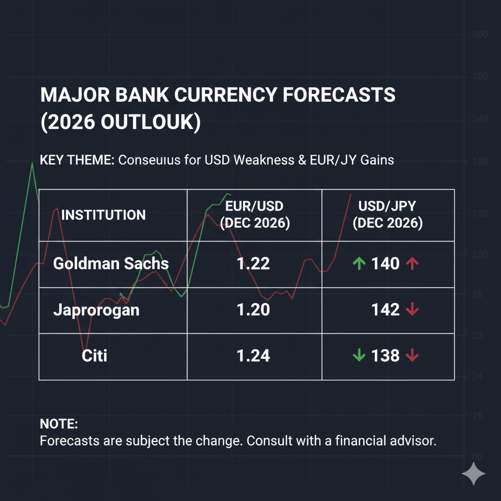 Major bank currency forecasts from Goldman Sachs, JPMorgan, Citi for 2026