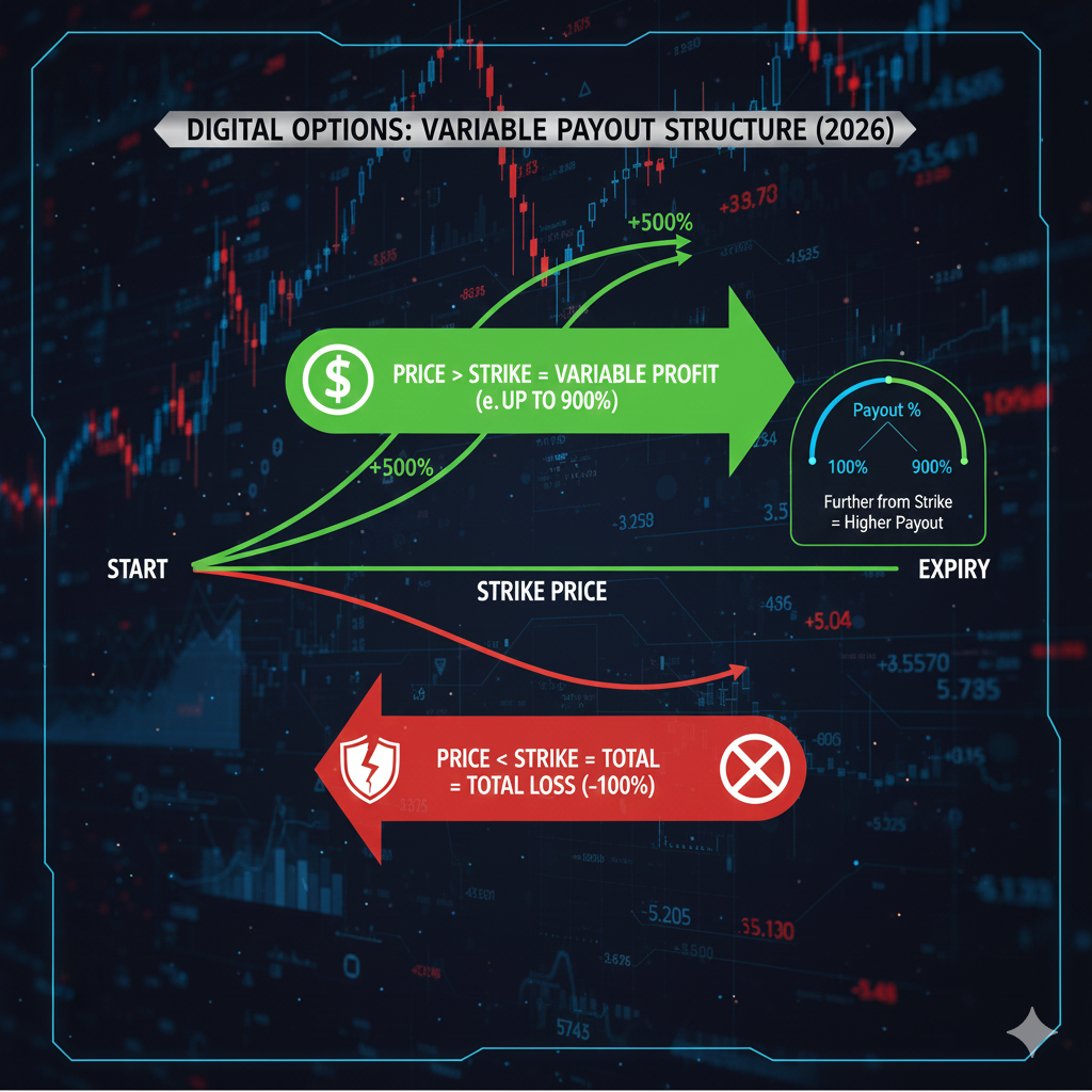 Digital options trading showing variable profit based on price movement distance