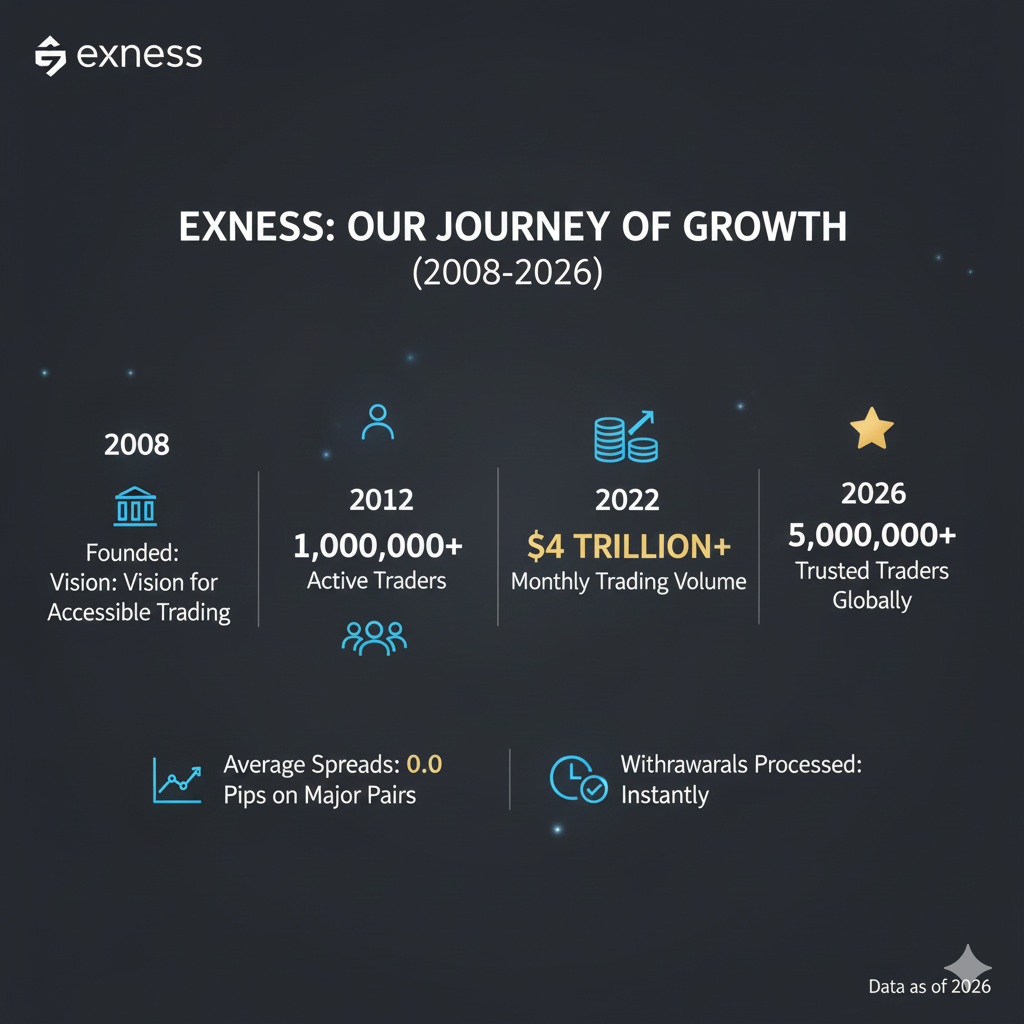Exness broker statistics infographic showing growth from 2008 to 2026