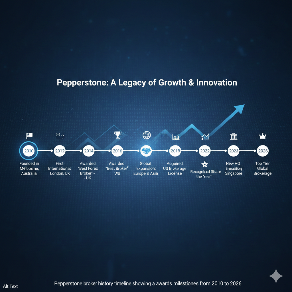 Pepperstone broker history timeline showing expansion and award milestones from 2010 to 2026