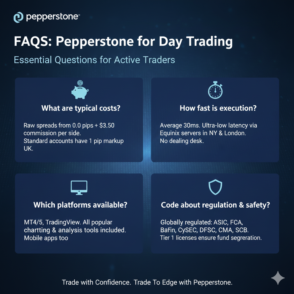 [IMAGE PLACEMENT: FAQ section visual with common questions about Pepperstone for day trading] Alt Text: Frequently asked questions about Pepperstone day trading answered