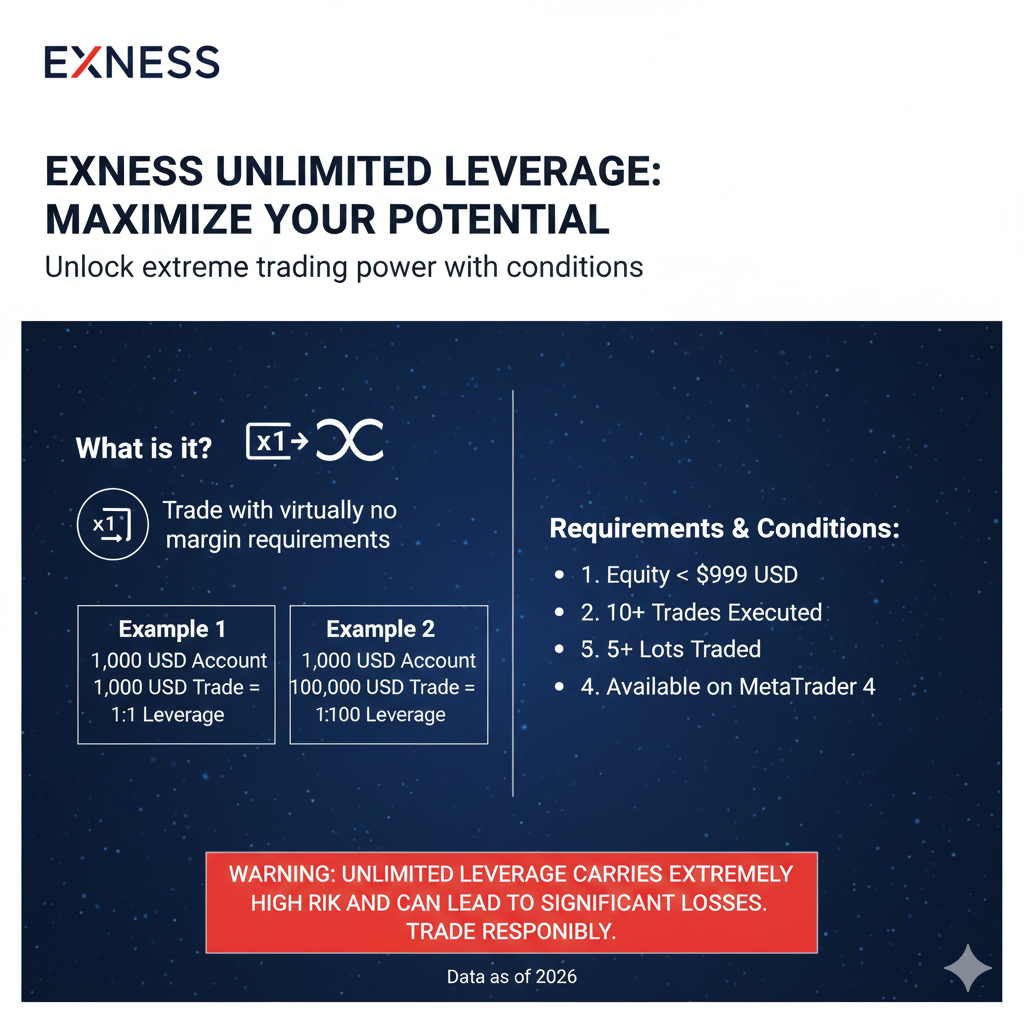 Exness unlimited leverage explanation showing requirements and risk warnings