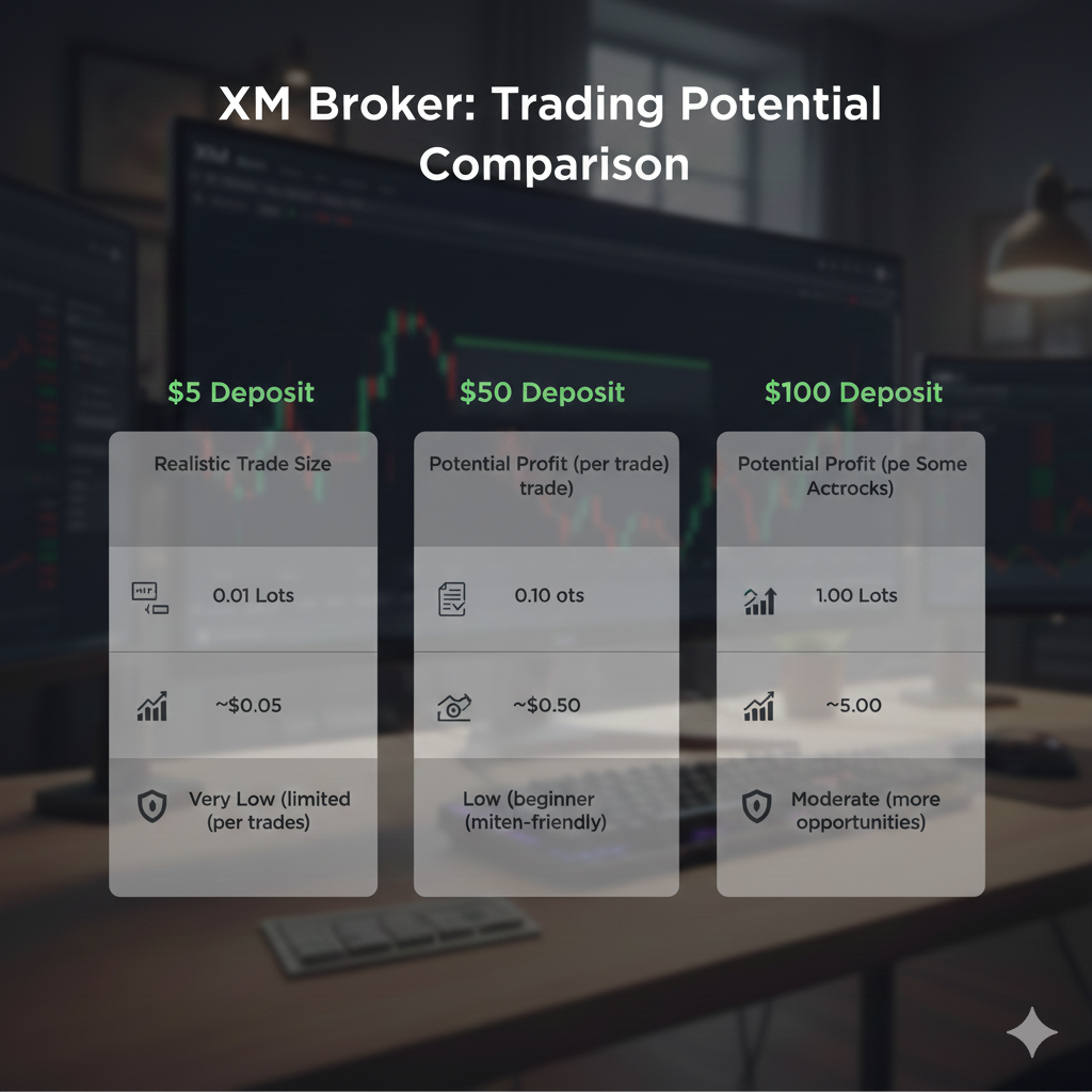 XM Broker minimum deposit comparison showing realistic trading scenarios