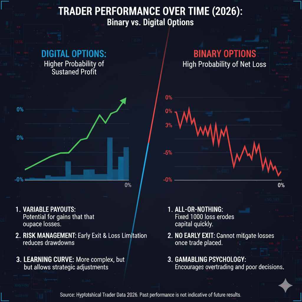 Trader profitability timeline comparing binary options vs digital options showing losses over time
