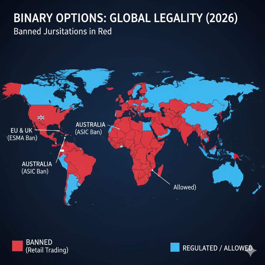 Binary options legality map showing banned jurisdictions including EU, UK, US, Australia