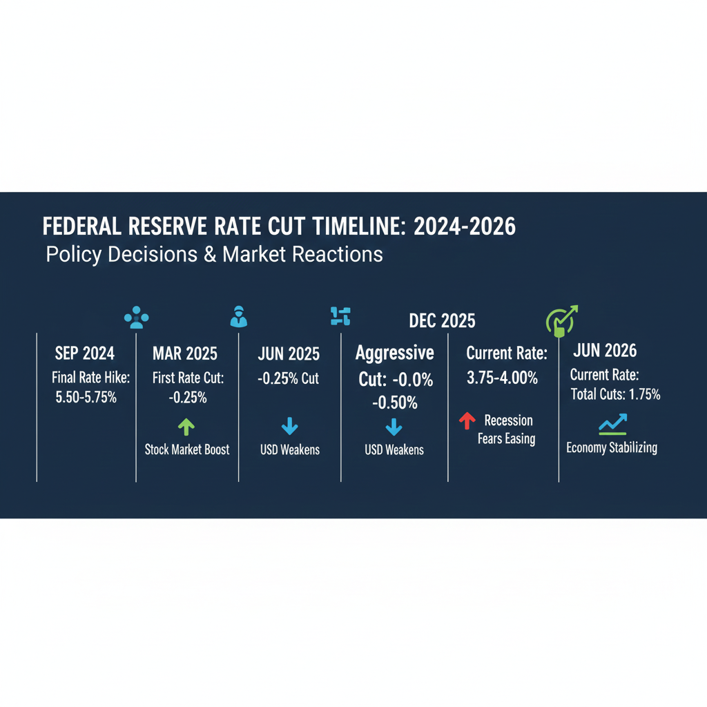 Federal Reserve rate cut timeline 2024-2026 showing policy decisions and market reactions