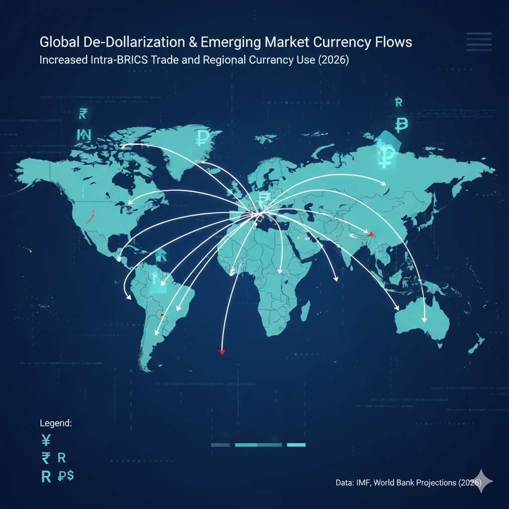 Global map showing emerging market currency trading flows and de-dollarization trends