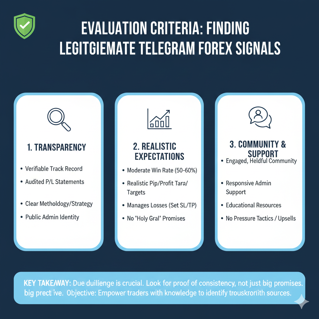  Criteria for evaluating legitimate telegram forex signals showing transparency and realistic expectations