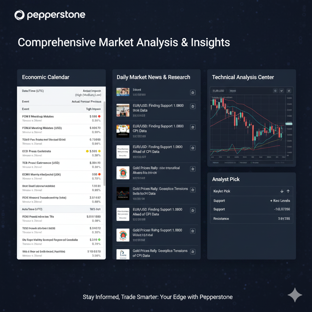 Pepperstone market analysis tools including economic calendar, market news, and technical analysis