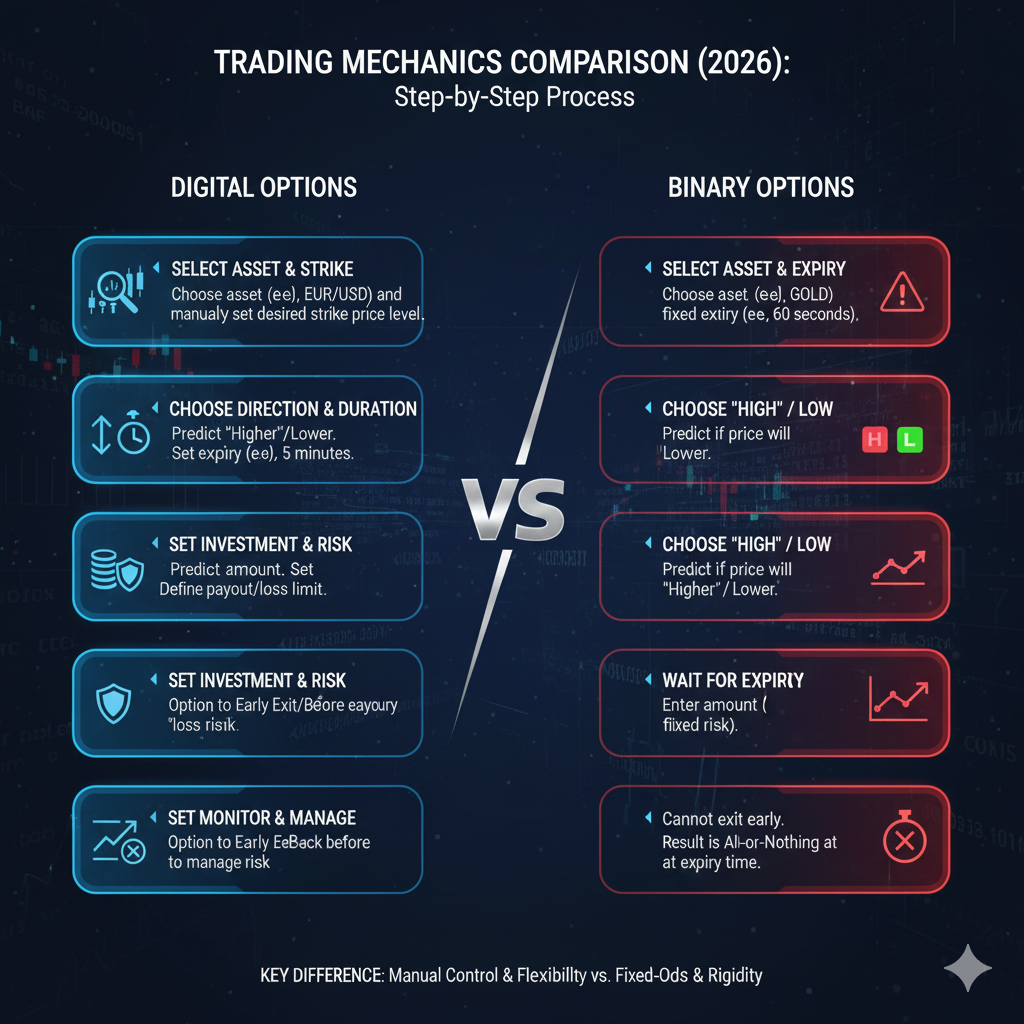  Digital options vs binary options trading mechanics showing step-by-step process differences