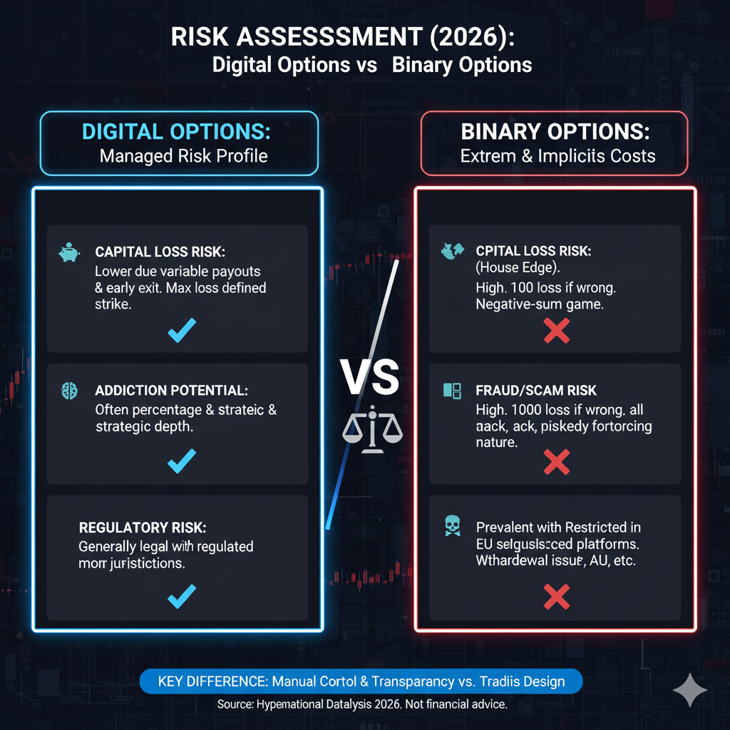 Risk comparison chart showing digital options vs binary options risk levels across capital loss, addiction, scam, and regulatory risk

