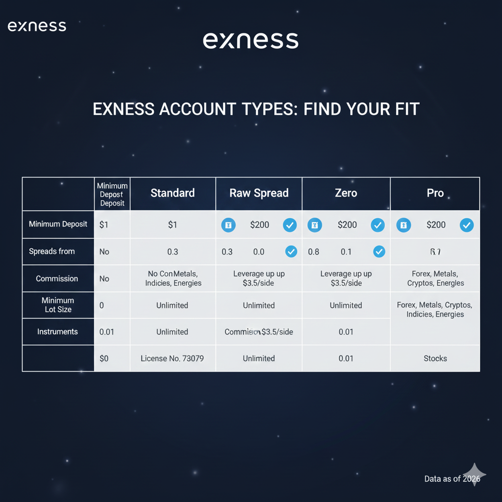 Exness account types comparison showing Standard, Standard Cent, Raw Spread, Zero, and Pro accounts