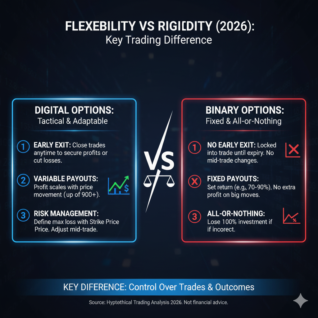 Digital options vs binary options showing early exit capability and variable profits