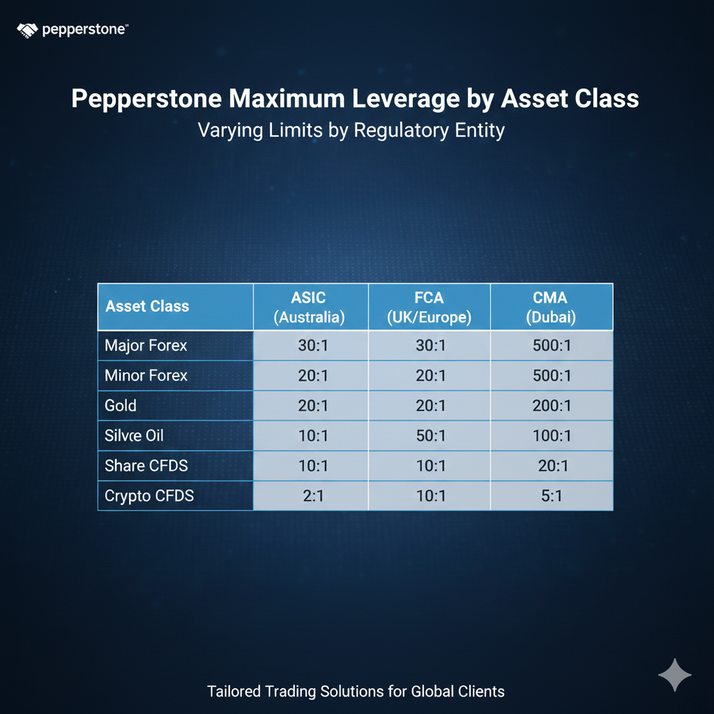 Pepperstone leverage requirements by asset class showing maximum leverage for forex, indices, commodities