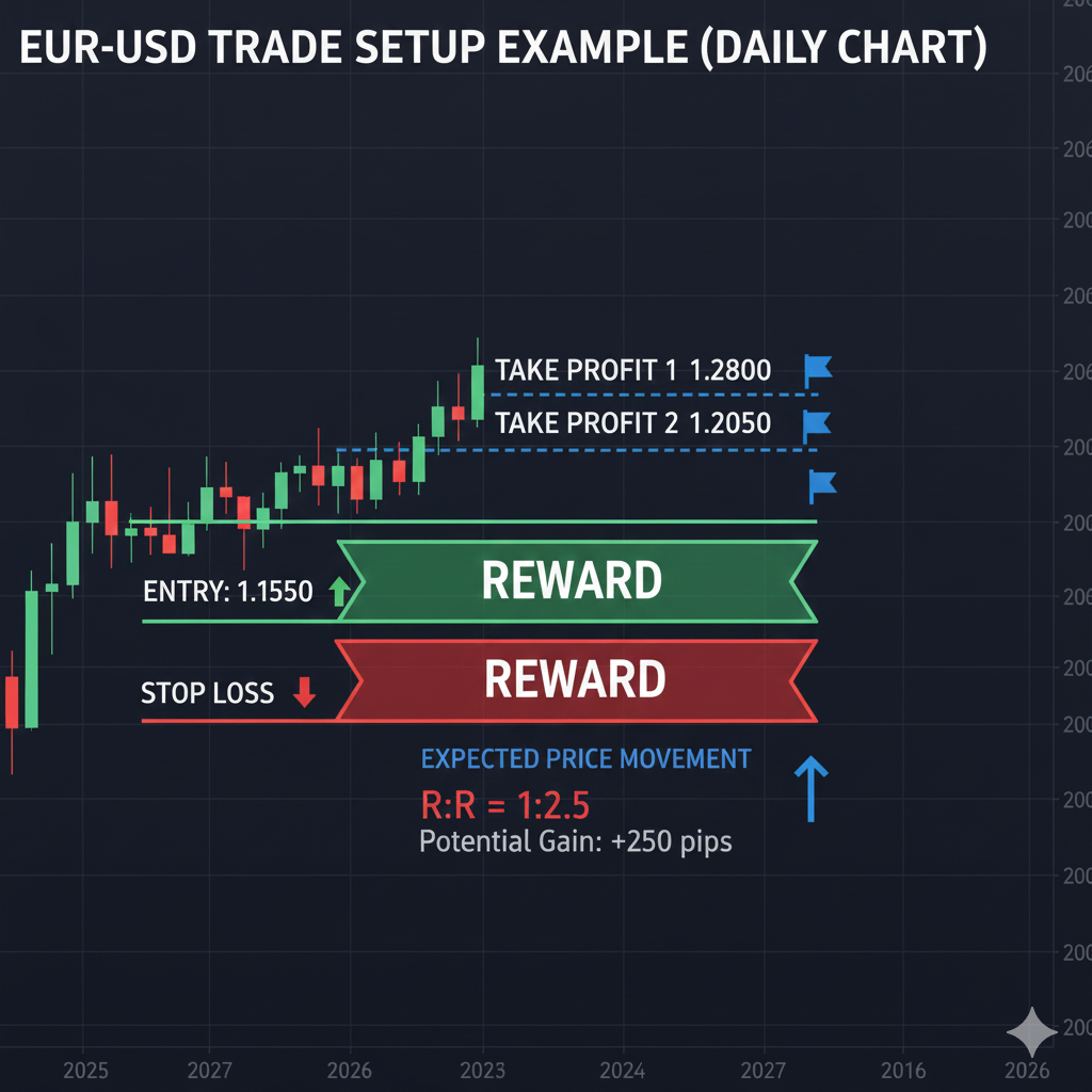 EUR/USD trade setup example showing entry, stop, and targets