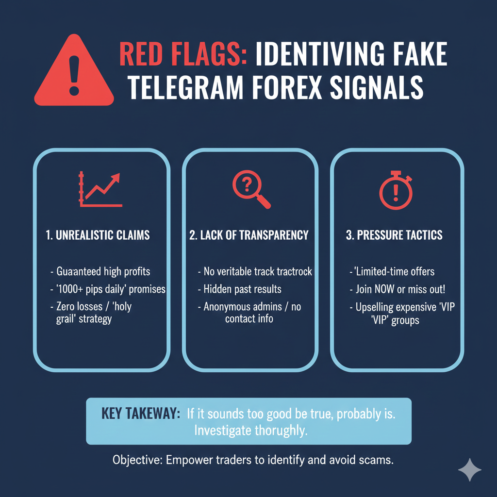  Red flags for identifying fake telegram forex signals showing unrealistic claims and pressure tactics