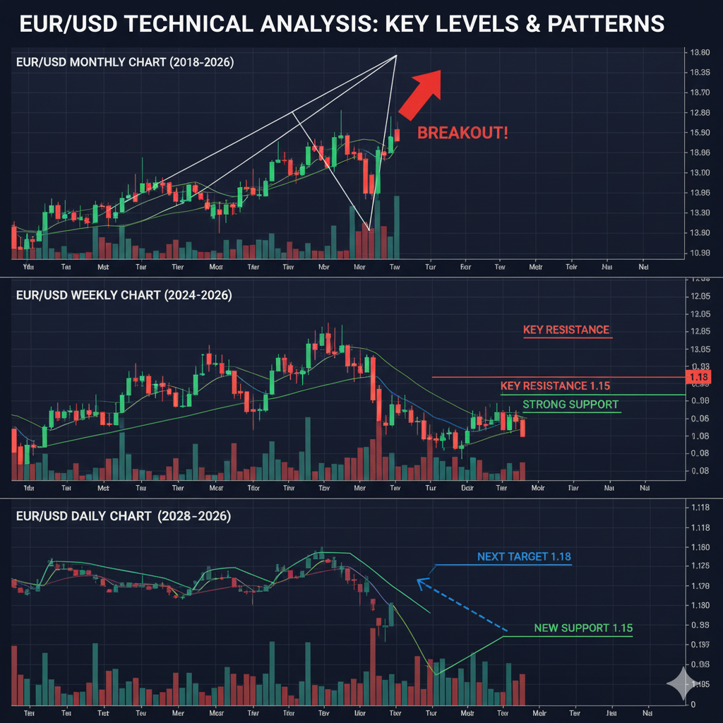 EUR/USD multi-timeframe technical analysis showing key levels and patterns