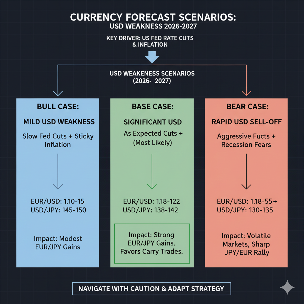Currency forecast scenarios showing bull, base, and bear cases