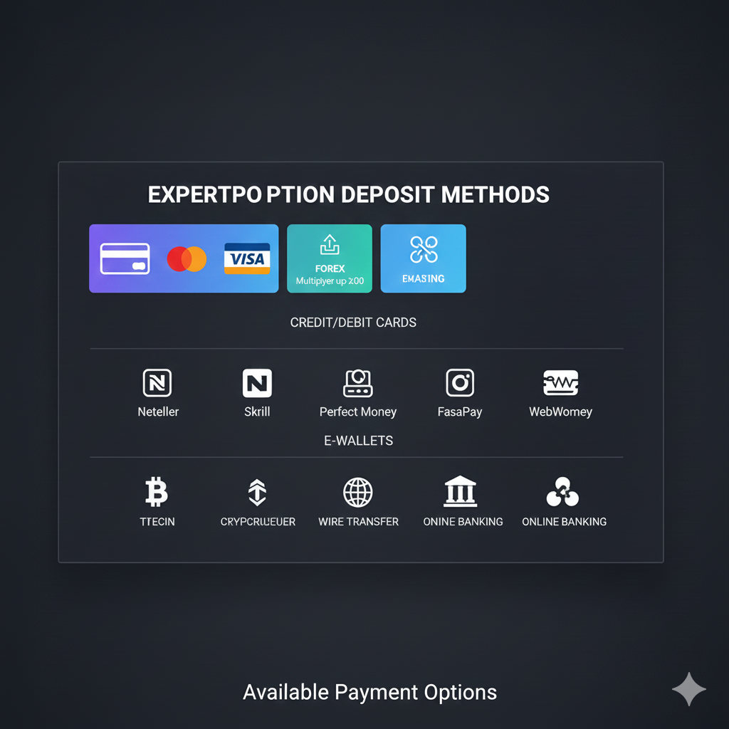 ExpertOption deposit methods including credit cards, e-wallets, cryptocurrency, and bank transfer options