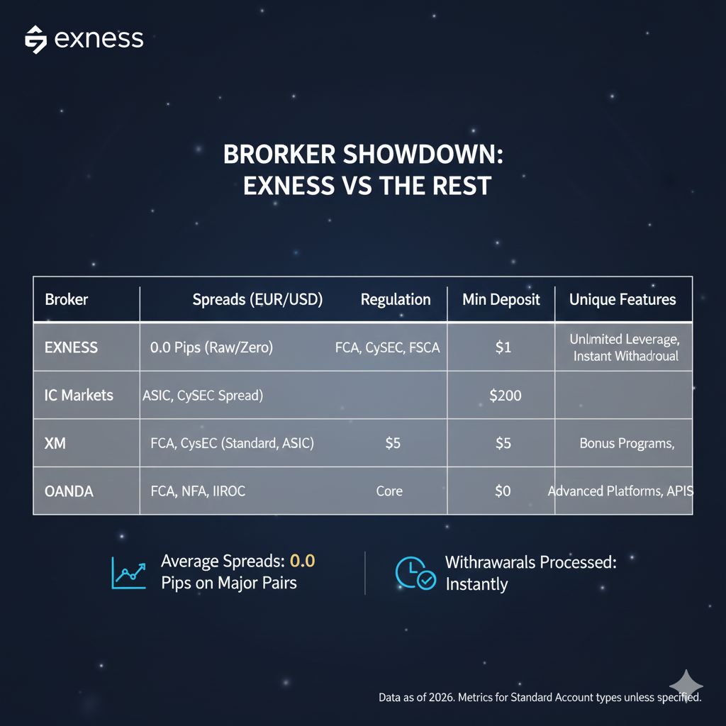 Exness comparison with IC Markets, XM, and OANDA showing spreads, regulation, and features