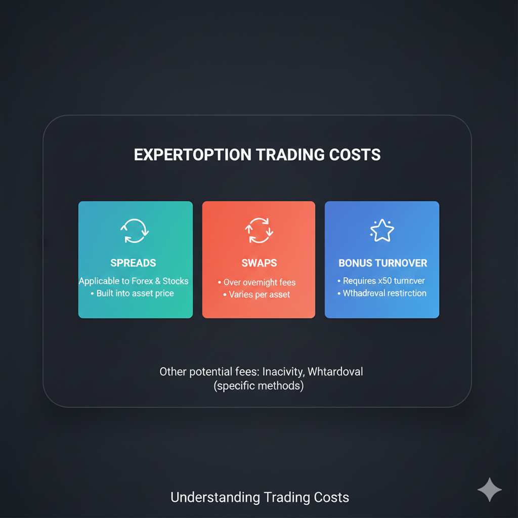 ExpertOption trading costs breakdown showing spreads, swaps, and bonus turnover requirements