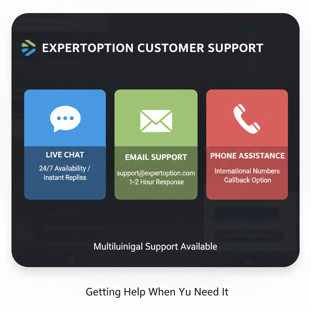 ExpertOption customer support showing live chat, email, and phone contact options available 24/7