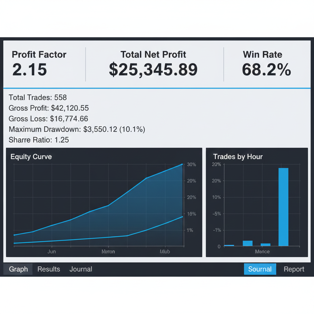 MetaTrader backtest results showing win rate profit factor and drawdown statistics