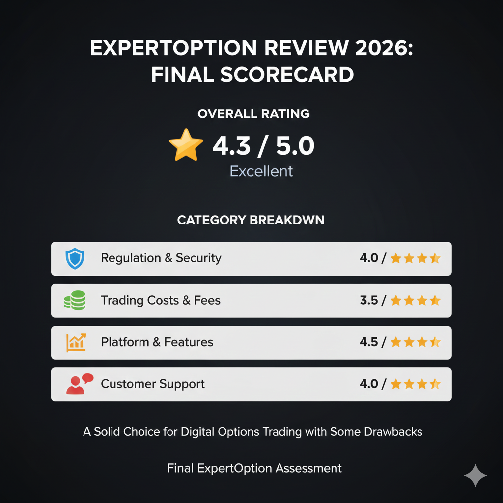 ExpertOption review 2026 final scorecard showing overall rating and category breakdowns