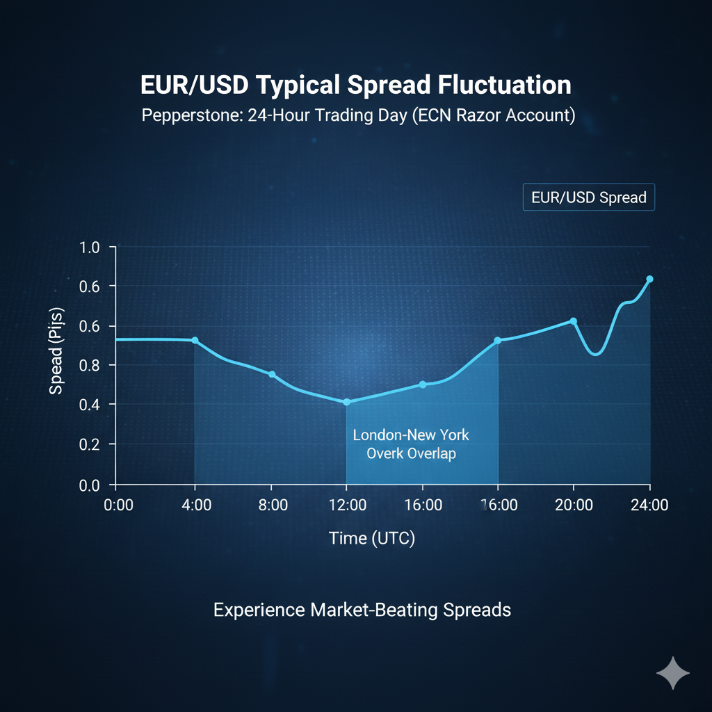 Pepperstone EUR/USD spread throughout 24-hour trading day showing tightest spreads during London-New York overlap