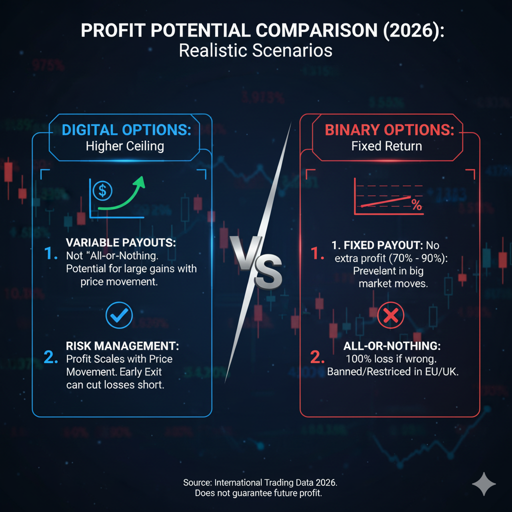 Digital options vs binary options profit potential comparison showing realistic return expectations