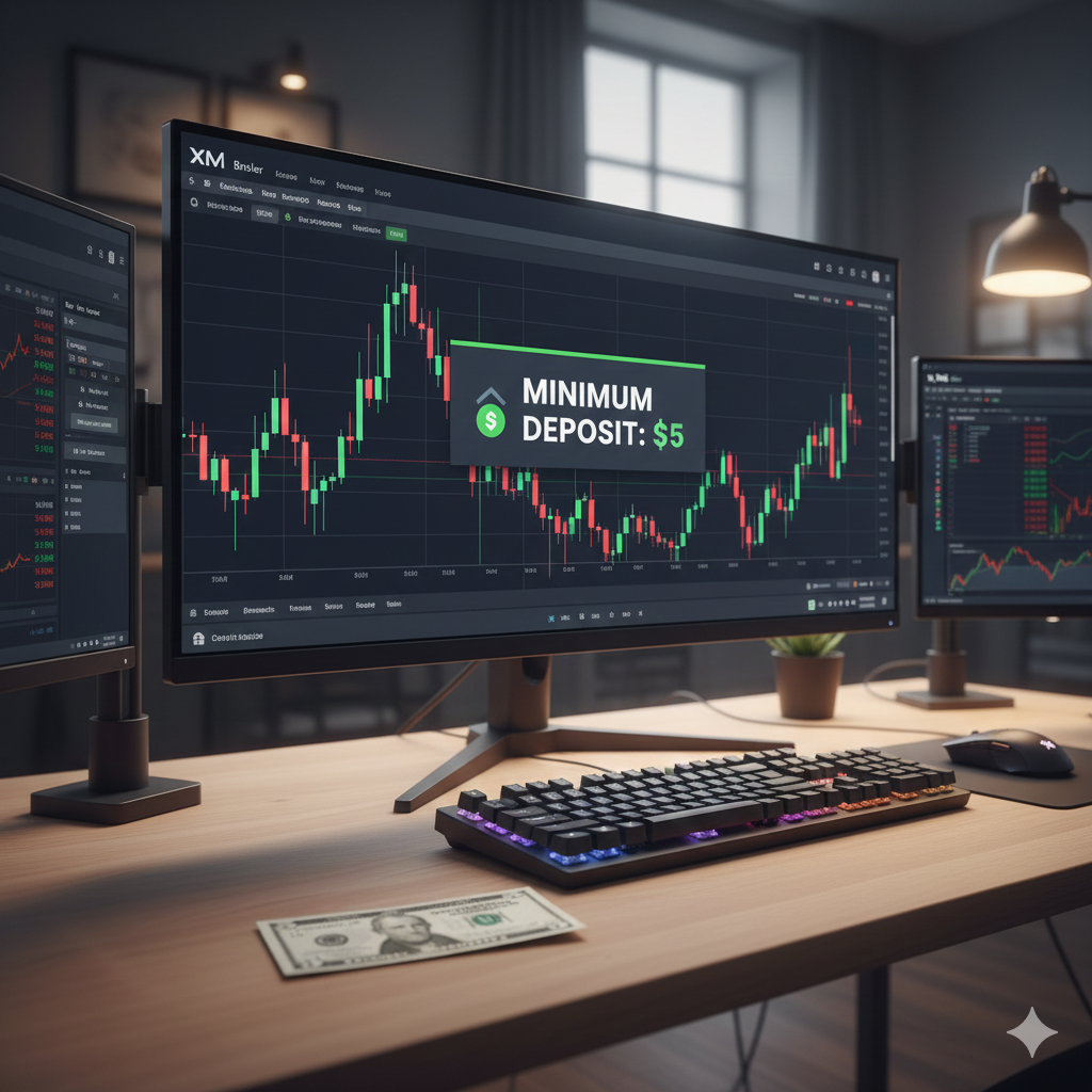 XM Broker trading platform showing minimum $5 deposit option