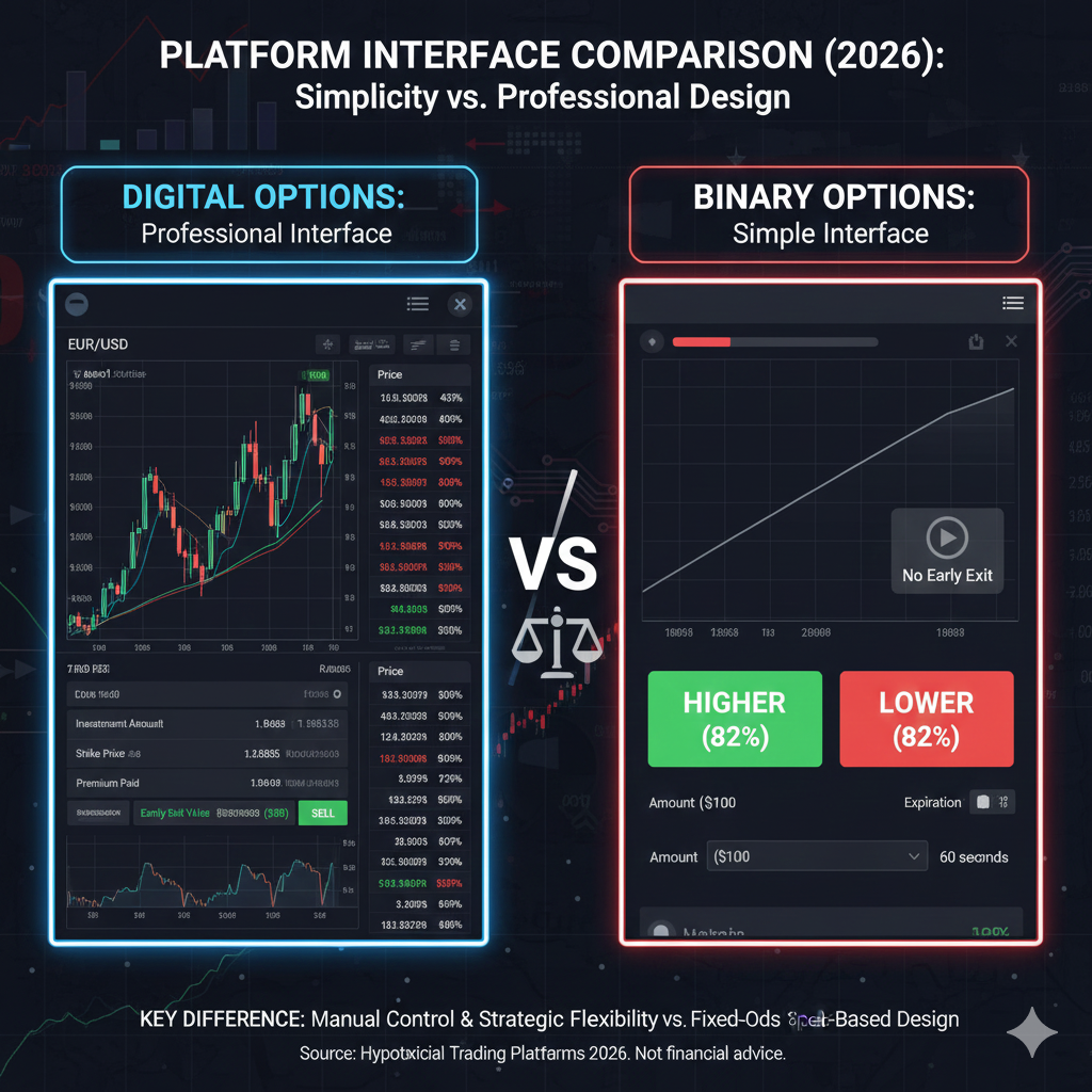 Binary options vs digital options platform interface comparison showing simplicity vs professional design