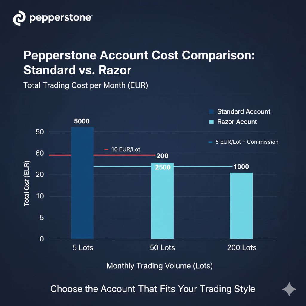 Pepperstone Standard vs Razor account total cost comparison for different trading volumes per month