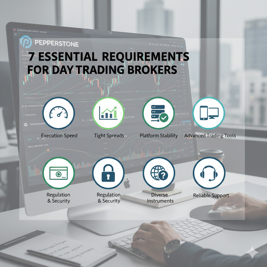 Essential requirements for day trading brokers including speed, spreads, and platform stability