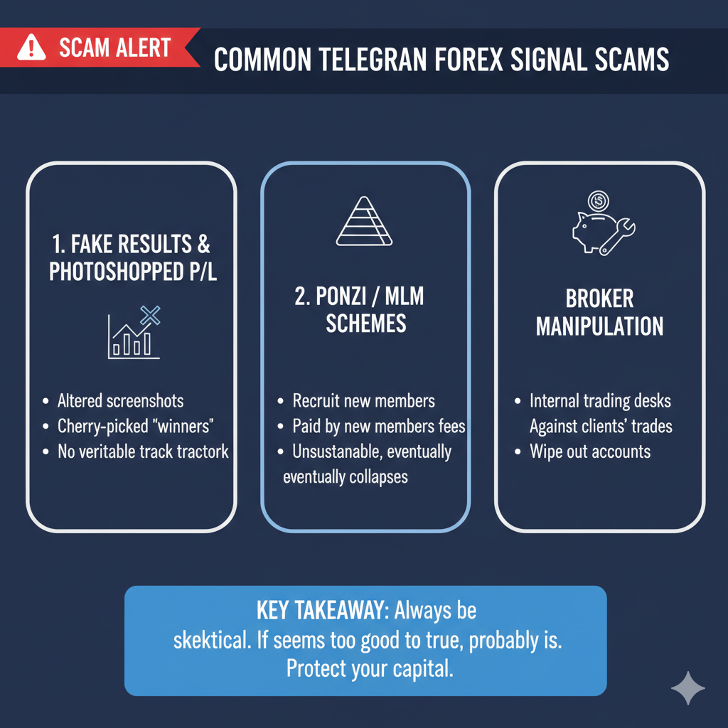 Common telegram forex signals scams including fake results, Ponzi schemes, and broker manipulation