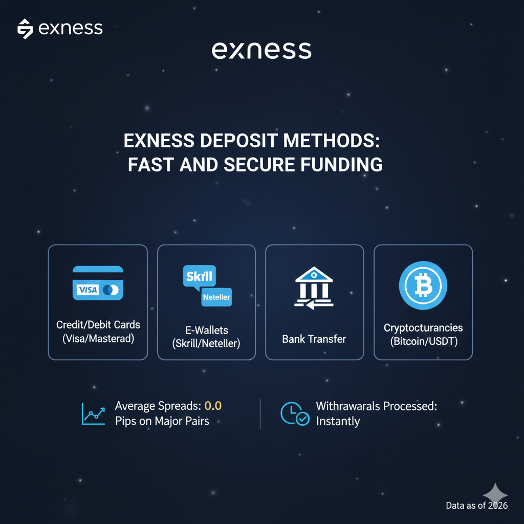 Exness deposit methods including Visa, Mastercard, Skrill, Neteller, bank transfer, Bitcoin