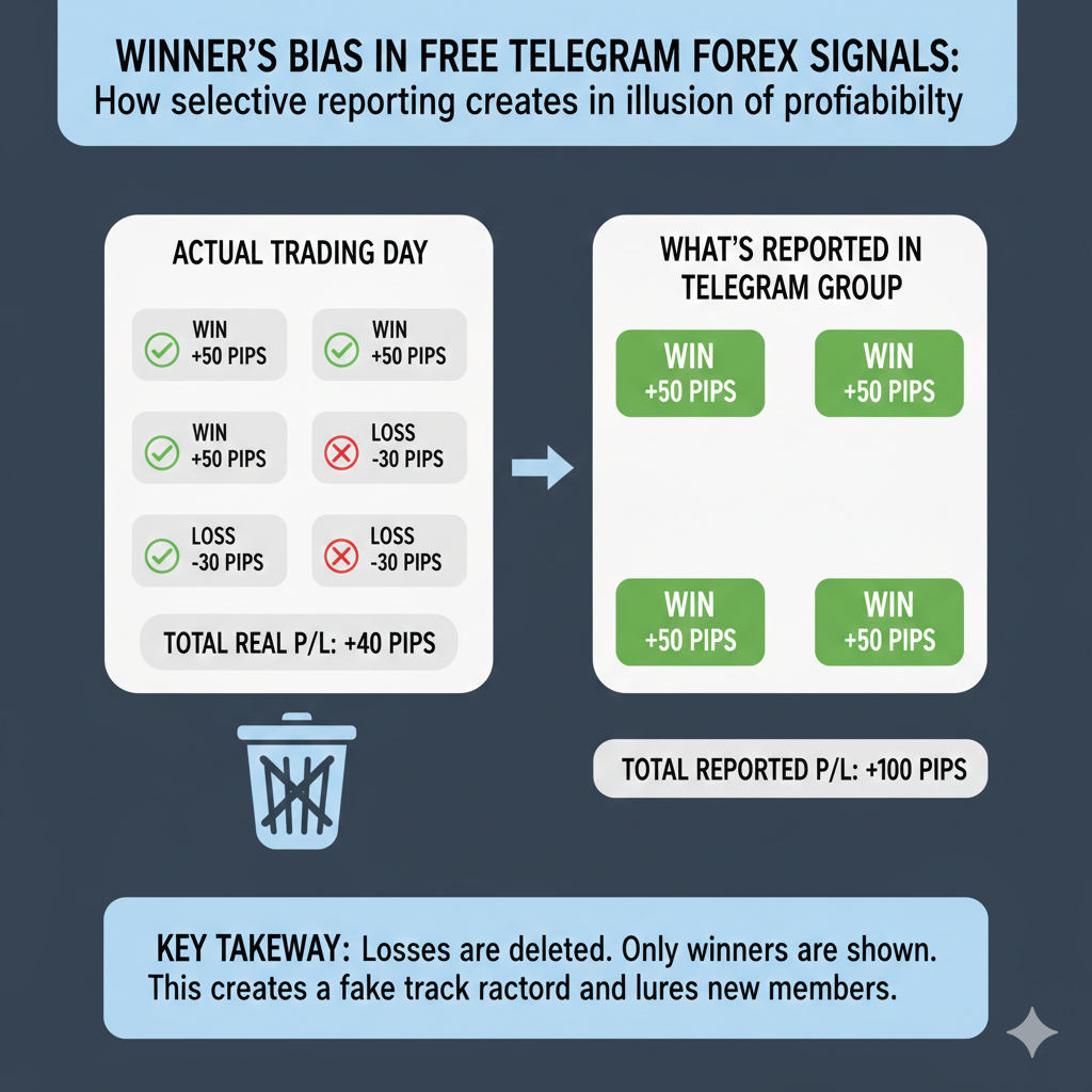 Winners bias in telegram forex signals showing how deleted losses create illusion of profitability