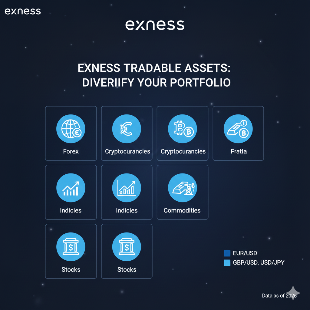Exness tradable assets including forex, cryptocurrencies, indices, commodities, and stocks