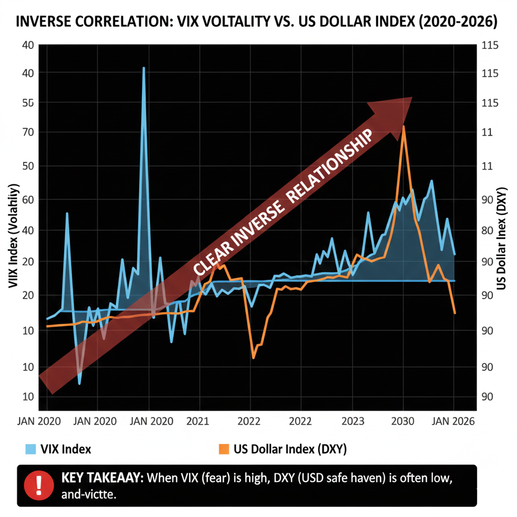 Inverse correlation chart showing VIX volatility index vs US Dollar Index