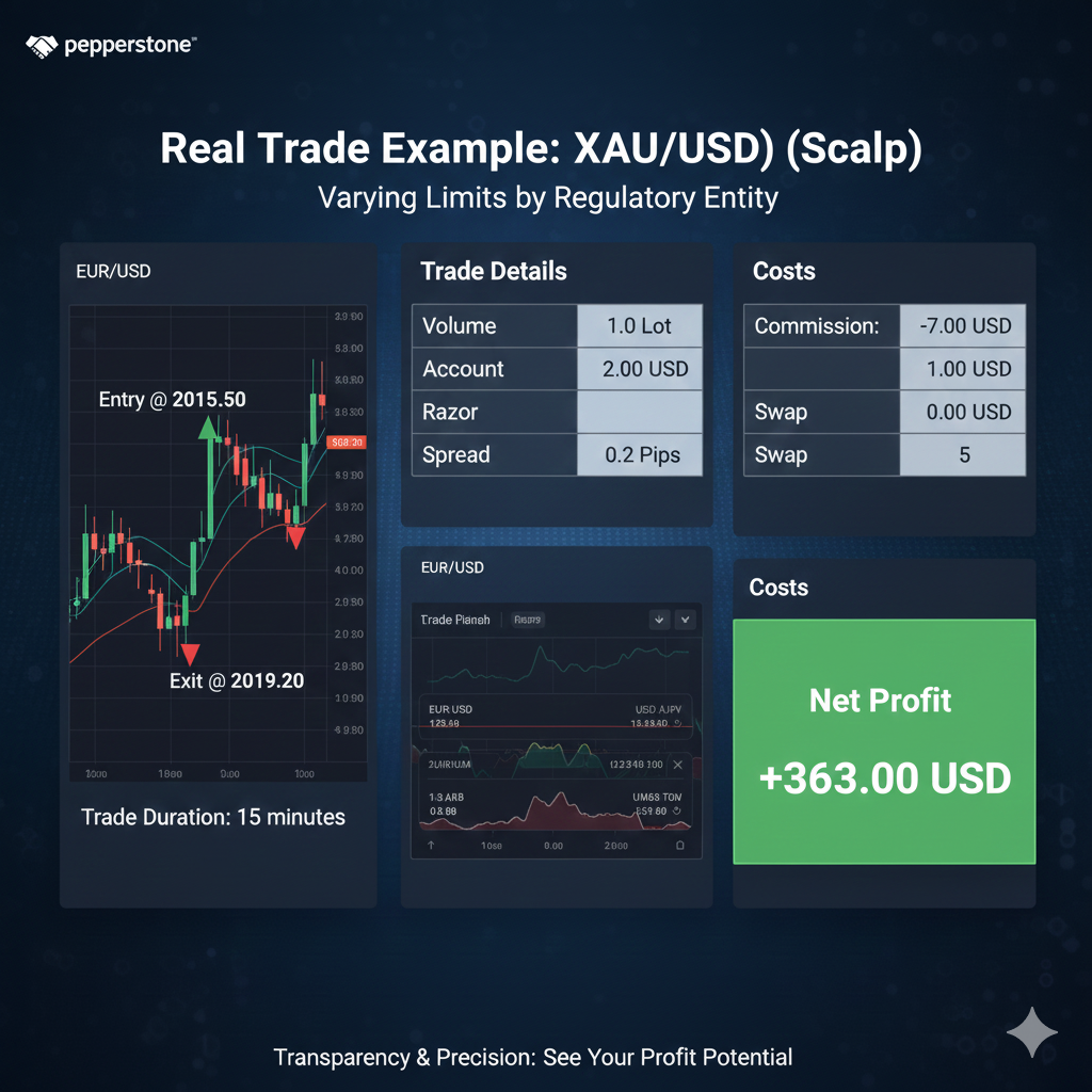 Real Pepperstone gold XAU/USD day trade showing entry, exit, commissions, and final profit calculation