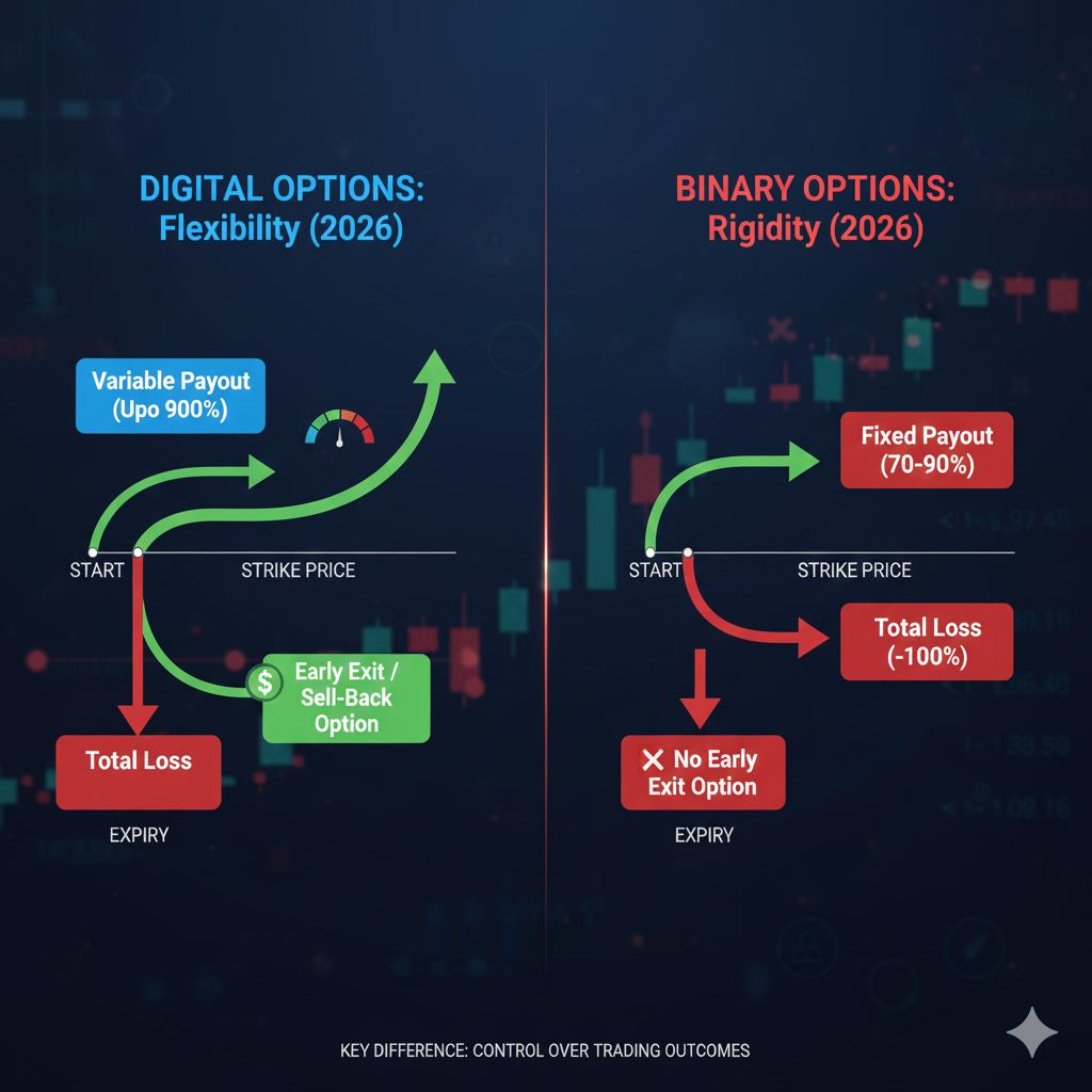 Digital options vs binary options key differences infographic showing payout, exit, legality, and risk variations
