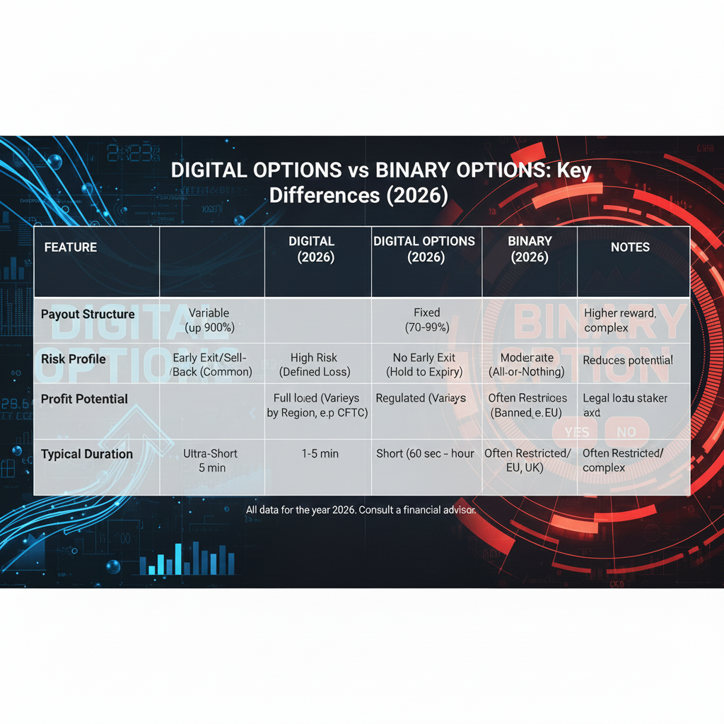 Digital options vs binary options comparison table showing payouts, exit options, legality, and risk differences