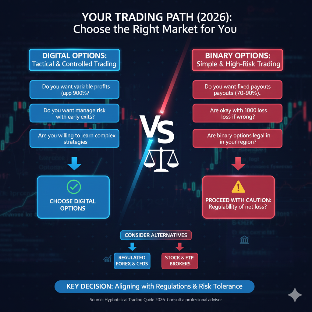 Digital options vs binary options decision flowchart showing when to use each and when to avoid both